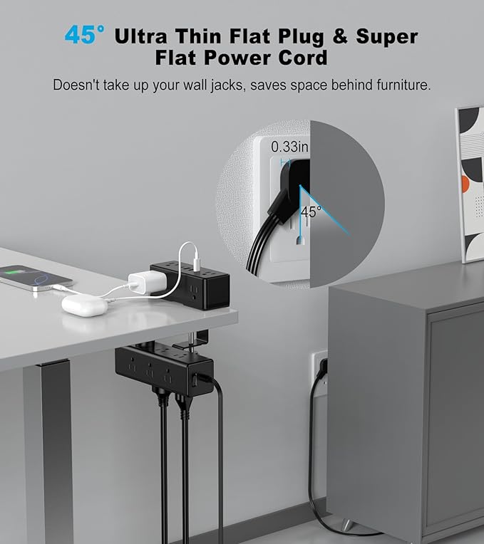Dual Layer Desk Clamp Power Strip with 4 USB Ports(20W USB-C) & 15 AC Outlets, Desktop Edge Mount Surge Protector, Ultra Thin Flat Plug & 5FT Power Cord for Office Home(ETL Listed)