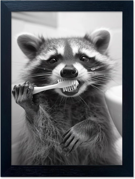 Raccoon Bathroom Art - Funny Black and White Animal Wall Decor | Framed Print for Farmhouse Style