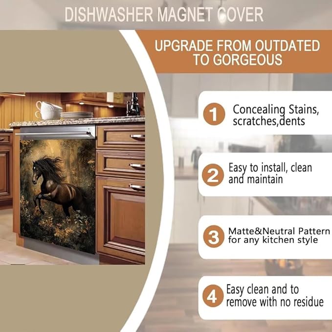 Black Horse Kitchen Decor Dishwasher Magnet Cover Decal, Rustic Magnetic Dish Washer Panel Door Vinyl Sticker, Refrigerator Magnets,Easy to Clean, 23 x 26 inch