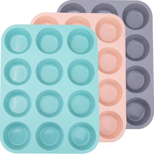 Skiennix Silicone Muffin Pan - Nonstick 12-Cup Bakeware Set for Muffins, Tarts & Bread - 3 Pack