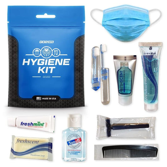 Go2Kits Ultimate Travel Toiletry Kit & PPE Kit, Hygiene Kit with Shaving Supplies & PPE for Travel, Business & Charity with Reusable Toothbrush, Bath Soap & Other Essential Toiletries, 3-Pack (GO200)