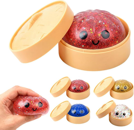 Skiennix Shimmering Dumpling Squishies - 4Pcs Colorful Stress Balls for Fidget Relief | Red