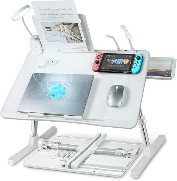 iXTRA Laptop Lap Desk with Cooling Fan - Adjustable with Light, USB, Storage Drawer - Folding Bed Desk,23.62"*15.74",White