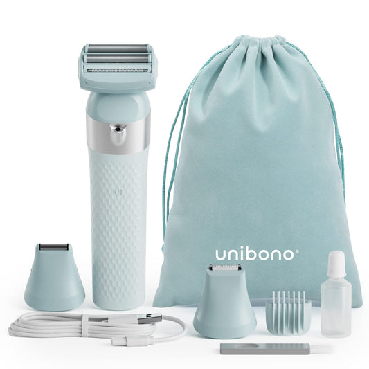 unibono 3-in-1 Electric Razor for Women,Dual-Foil Electric Shaver for Woman Face,Legs,Armpit,Rechargeable Bikini Trimmer,3-,Intimate Shaver with Illumination,Public Hair Trimmer Women (Light Blue)