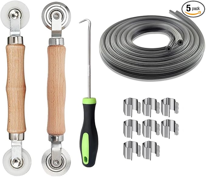 Takelablaze Windows Screen and Screen Door Repair Kit Including Steel/Nylon Roller with Bearing, Spline Removal Hook, Screen Retainer Spline and Screen Clips for Installing Door Window Mesh, 5pcs
