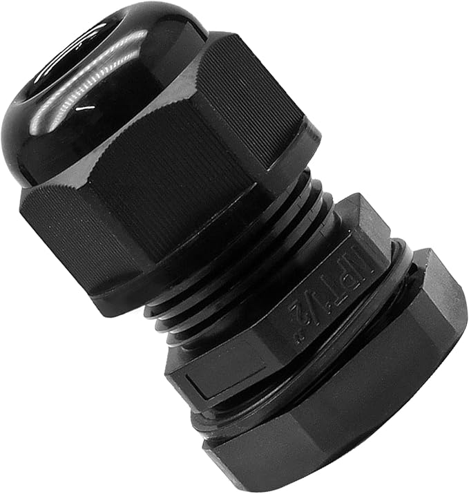 Kyuionty 12 Pcs 1/2" NPT Nylon Cable Glands, Black Strain Relief Cable Cord Connector IP68 Waterproof Junction Box Wire Protectors Adjustable for 6-12mm Cable Diameter