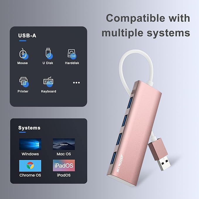 ANYPLUS USB Hub, USB 3.0 Hub Aluminum Alloy Ultra Slim USB Splitter, Portable 4 Port USB Extender, USB Hub for Laptop, PC, MacBook, iMac, Surface Pro, Mac Pro, Flash Drive, XPS 【Pink】