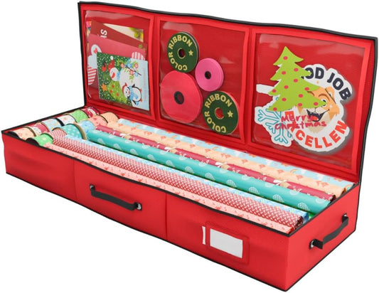 Primode Wrapping Paper Storage Container - Gift Wrap Organizer Under Bed | 41”x14”x6” | Holds 18-24 Rolls Up to 40” | Durable 600D Oxford | Includes Pockets for Ribbons and Bows (Red)