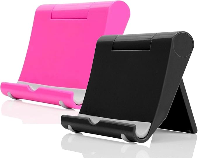 JUSDIQIR Cell Phone Stand for Desk 2 Pack Mobile Phone Holders Desktop Tablet Stand, Foldable Phone Dock Universal Adjustable Tablet Stand for Desk Compatible with Cell Phone Support (Black+Pink)
