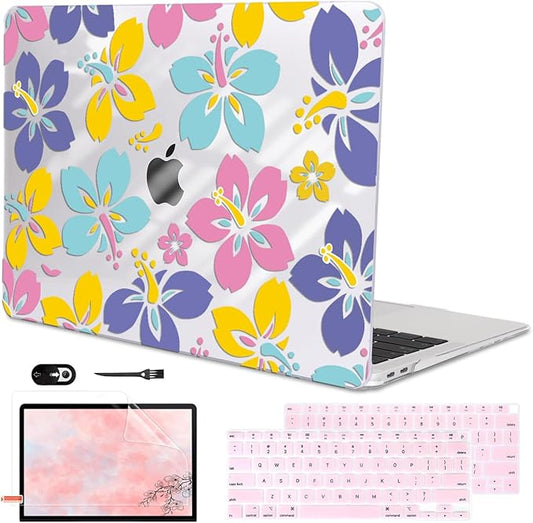 LCMOCICO for MacBook Air 13 Inch Case 2021 2020 2019 2018, Pattern Plastic Hard Shell Case Keyboard Cover for Mac Air 13 A2337 M1 A2179 A1932 with Touch ID & Retina Display, Colorful Hibiscus Flower