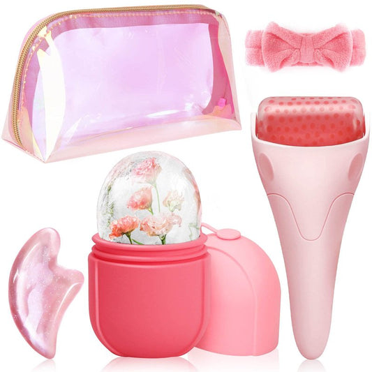 WEEGEEKS 5-Piece Ice Facial Kit - Roller & Mold with Gua Sha, SPA Headband & Clutch Bag, Puffiness Reduction & Skincare Routine Essential