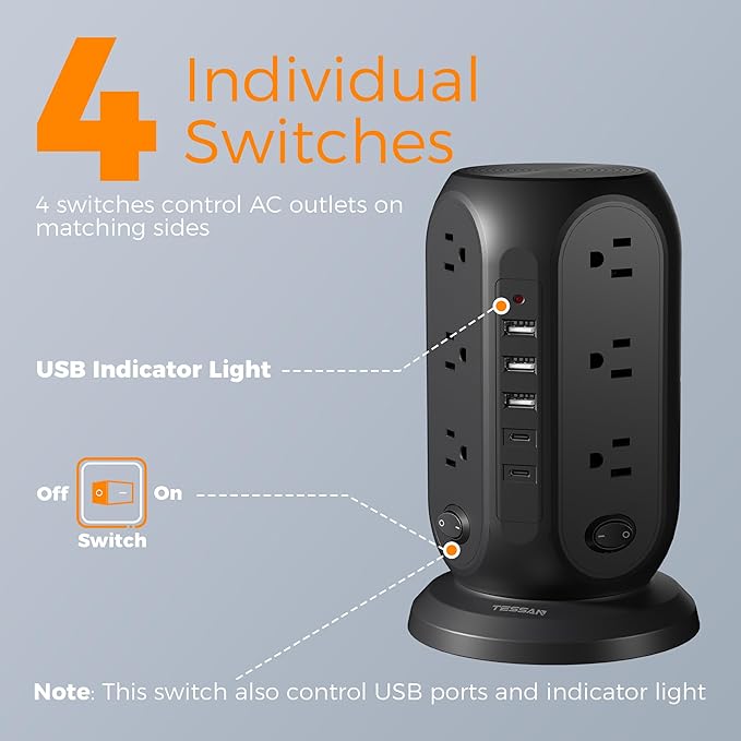 TESSAN Tower Power Strip with Individual Switches, Surge Protector with 12 Outlets, 5 USB Ports(2 USB C), Flat Extension Cord 10 Ft, 1250W, Charging Station for Multiple Devices, Office, Dorm, Black