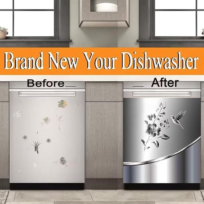 Stainless Steel Design Bird and Flower Pattern Magnetic Dishwasher Sticker Kitchen Refrigerator Magnetic Cover Decal Reusable Fridge Panel Decal Decor,23W x 26H inchse
