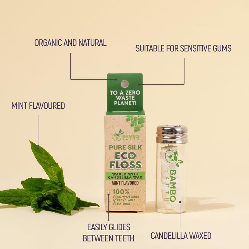 Biodegradable Mint Dental Tooth Lace Floss With Refillable & Reusable Glass Holder - 100% Organic Natural and Compostable Teeth Silk Spool Waxed With Candelilla Wax & Eco-Friendly Zero Waste Packaging