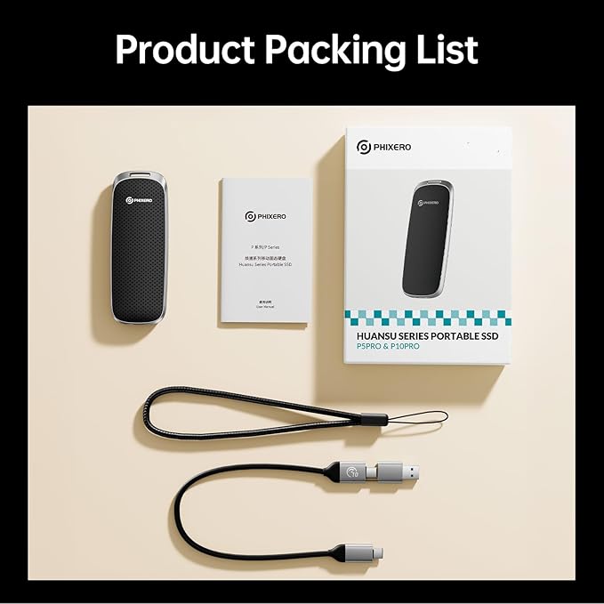 PHIXERO P10PRO External NVMe SSD 2TB, Up to 1050MB/s, USB 3.2 Gen2, Includes 2-in-1 USB C Cable, Portable Hard Drive for iPhone 15/16 PRO/Android/Mac, Black