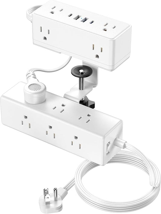 Dual Layer Desk Clamp Power Strip, Desktop Edge Mount Surge Protector with 15 AC Outlets & 4 USB Ports(20W USB-C), Ultra Thin Flat Plug & 10FT Power Cord for Office Home(ETL Listed)