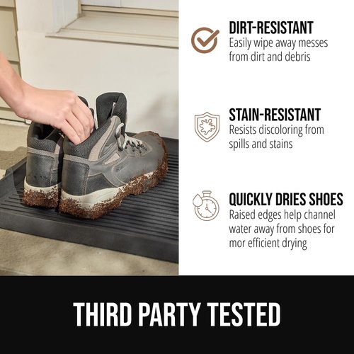 GORILLA GRIP Natural Rubber Indoor Outdoor Boot Tray for Shoes, Waterproof Winter Mat with Raised Edges and Handle, Tear Resistant Heavy Duty Home Garage Floor Mats, Easy Clean Shoe Trays 24x16 Black