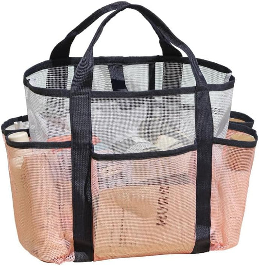 NAJIAKA Portable Mesh Shower Caddy Bag - Pink Organizer with 8 Pockets for College, Beach, Gym & Travel