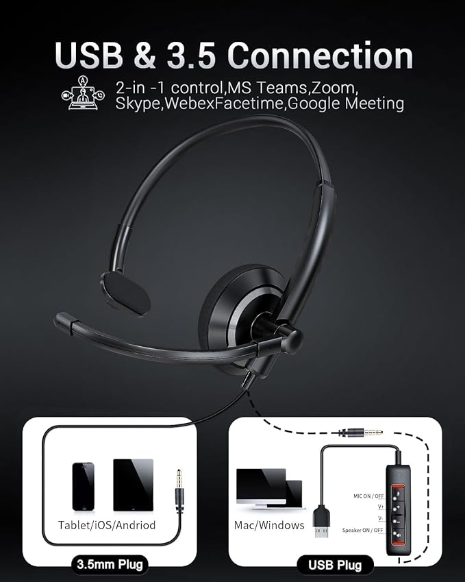 awatrue USB Headset with Microphone for PC - Lightweight Single-Ear Computer Headset, Crystal Clear Sound & Comfort Fit, Flexible Steel Headband (3.5mm+USB)
