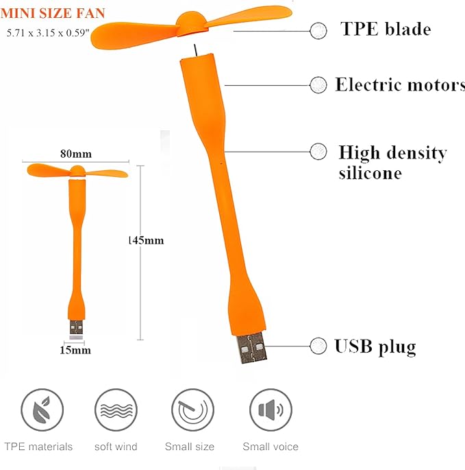 Soseelnee Mini USB Fan, Portable Pocket Fan USB-A Powered Little Cooler, Quiet Operation, for Home Office Car Outdoor Travel- 4 Pack (Orange)