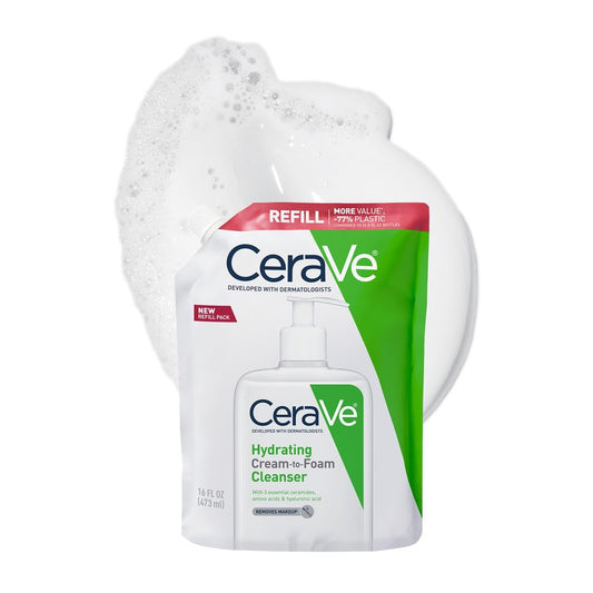 CeraVe Hydrating Cream To Foam Cleanser, Makeup Remover Face Wash For Dry Skin, Foaming Facial Cleanser With Hyaluronic Acid, Normal To Dry Skin, Fragrance Free & Non Comedogenic, 16 Ounce Refill