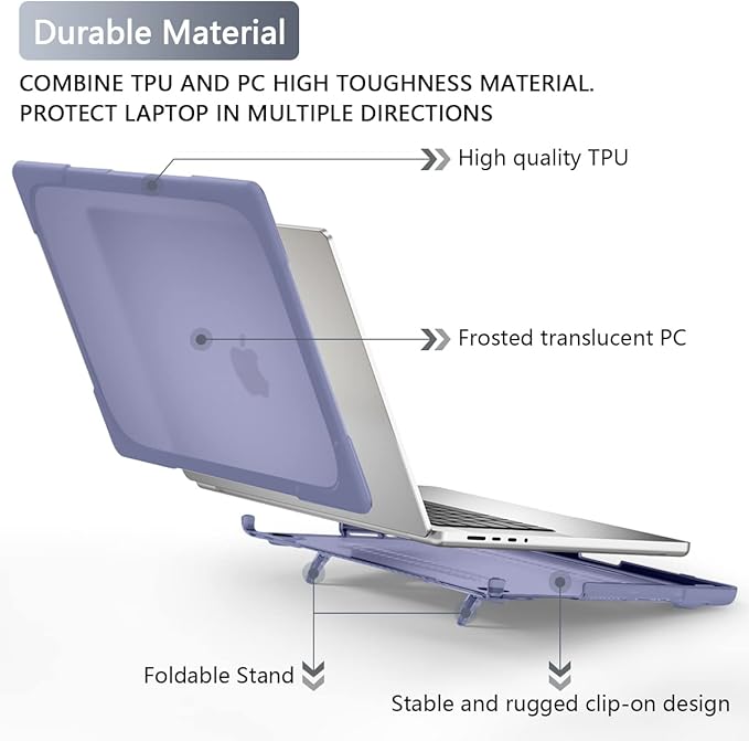 Batianda Heavy Duty Case for New MacBook Pro 16 inch 2026 M5 2024 M4 2023 M3 2021 M2 Pro Max Chip- Ergonomic Foldable Kickstand (Holds 22lbs/Zero Wobble) Matte Rugged Armor Cover, Lavender Grey