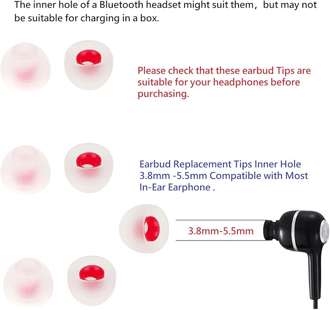 CYADCI 36 Pieces Medium Earbud Tips Soft and Comfortable Ear Bud Replacement Pieces Silicone Fit Most in-Ear Headphones，Inner Hole 3.8mm -5.5mm，Medium White and Red Replacement Eartips
