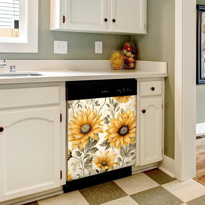 Dishwasher Magnet Cover Retro Sunflower Florals Flower Pattern Reusable Dishwasher Magnetic Cover Sticker Decorative Dish Washer Door Cover Panel for Home Kitcen Appliance, 21x26 in