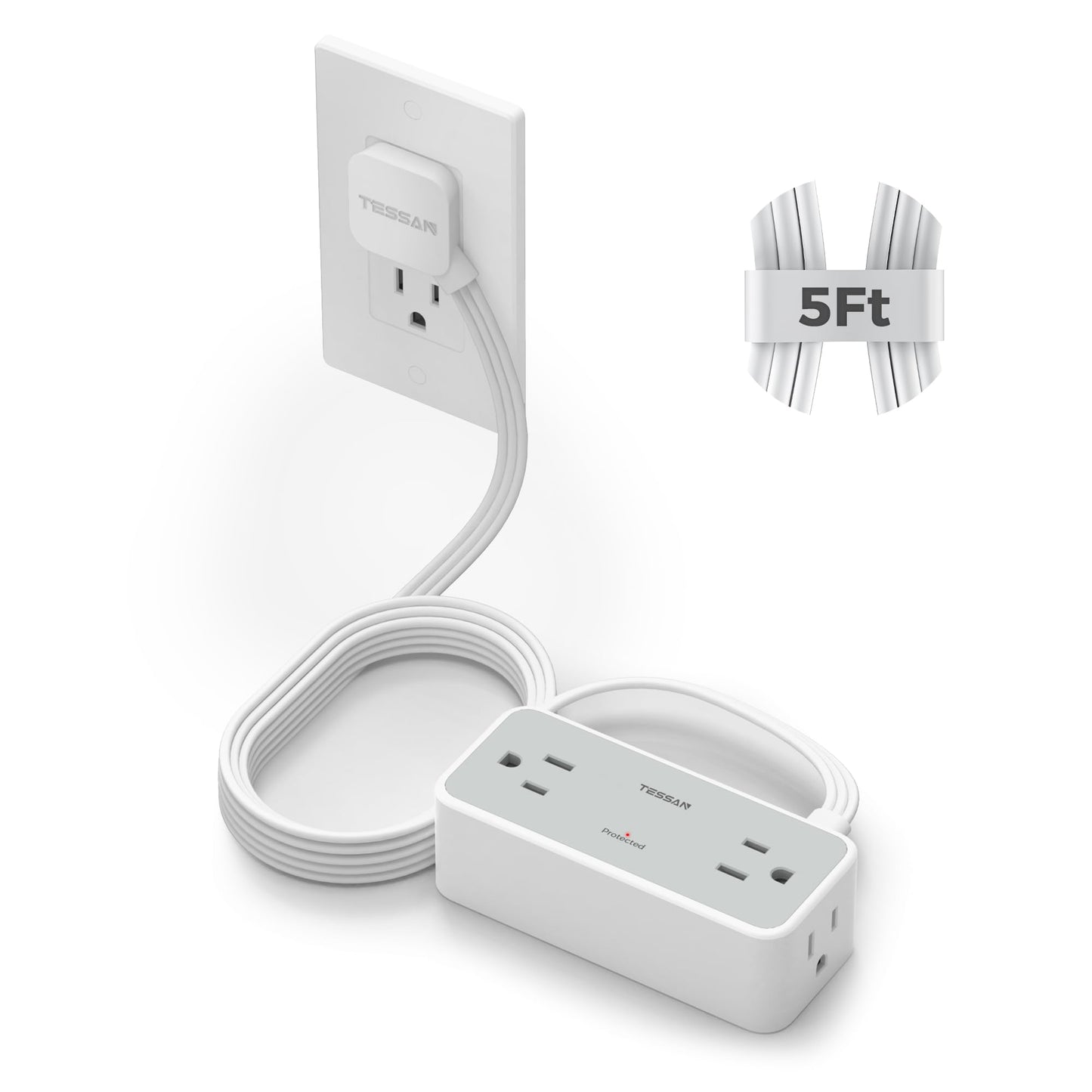 TESSAN Flat Plug Extension Cord 5 FT, Surge Protector Power Strip with 4 AC Outlets, 900 Joules Protection, Multiple Wall Outlet Extender Suitable for Office Dorm, Grey