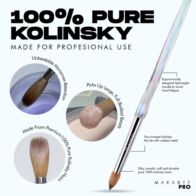 MakarttPro Kolinsky Acrylic Nail Brush #8 – 100% Pure Kolinsky Hair for Acrylic Powder & EMA Monomer, Professional Nail Brush with Superior Liquid Retention, Anti-Clogging, for Nail Techs & Beginners