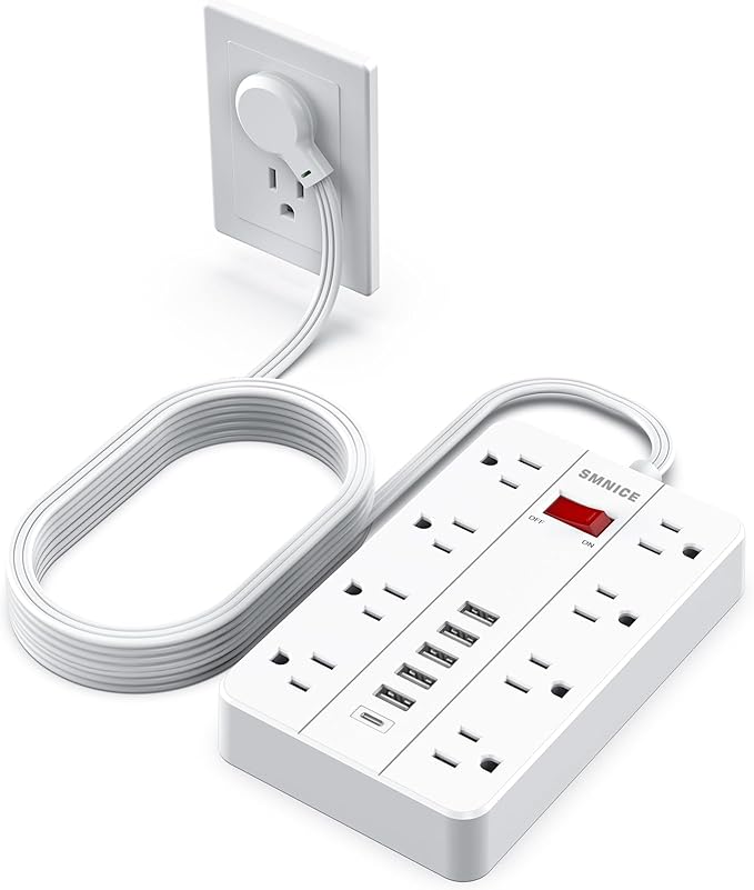 Power Strip Extension Cord, SMNICE Flat Plug Long Extension Cord 10 Ft with 8 Widely Spaced Outlets 6USB(1 USB C) Charging Station, Wall Mount for Dorm Home, Office Accessories,White