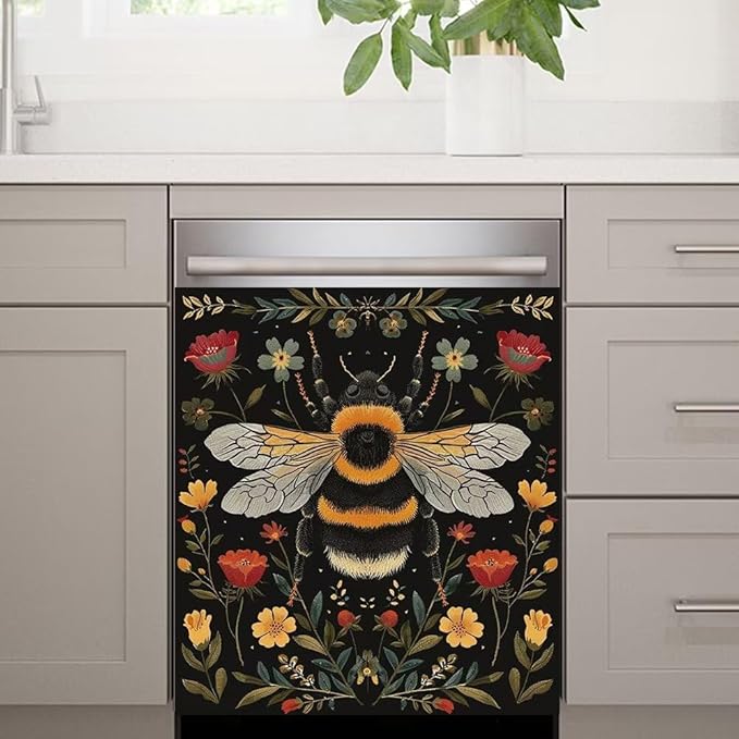 Flower and Bee Painting Dishwasher Magnetic Cover Sticker Magnetic Refrigerator Full Door Cover Sticker Kitchen Decor Panel Decal 23W x 26H inchs