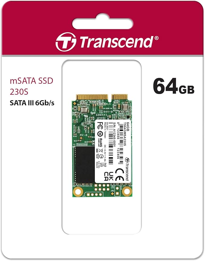 Transcend MSA230 64GB mSATA SSD with Dram Cache, Up to 350MB/s, Mini SATA III 6G/s Internal Solid State Drive for Ultrabook/Desktop/Tablet/PC/GPS/Server, 3D TLC NAND Flash, LDPC Error Correction, ECC