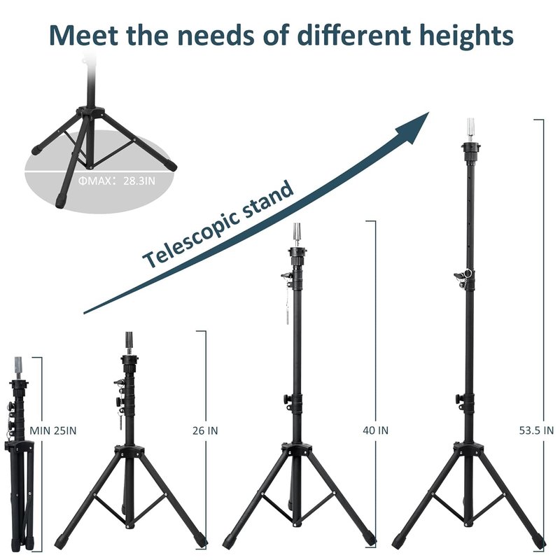 Klvied Wig Stand Tripod for Braiding Practice and Wig Styling, Adjustable 25-53.5 Inch Mannequin Head Stand with Tool Tray and Travel Bag, Fits Most Open-Bottom Heads, Black