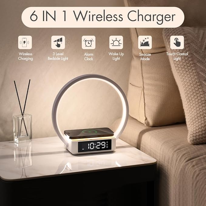 SMARTERIOR Wireless Charging Station with Alarm Clock,Bedside Lamp with Sunrise Wake-Up Light,Wireless Phone Charger,Touch Table Lamp with 3 Brightness Levels,Idea Gifts for Women,Men,Teens,Adults