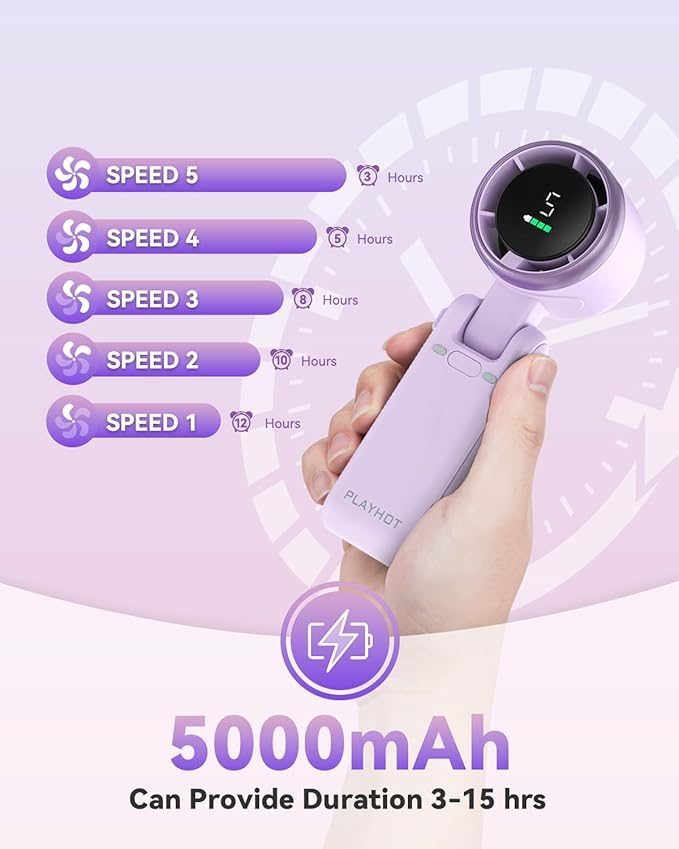 PlayHot Portable Handheld Turbo Fan, 5-Speed Personal Fan, USB-C Rechargeable Fan Up to 12 Hours, 3 IN 1 Hand Fan with Air Turbo Tech Cooling, Travel Fan for Cruise, Beach, Gifts for Women(Purple)