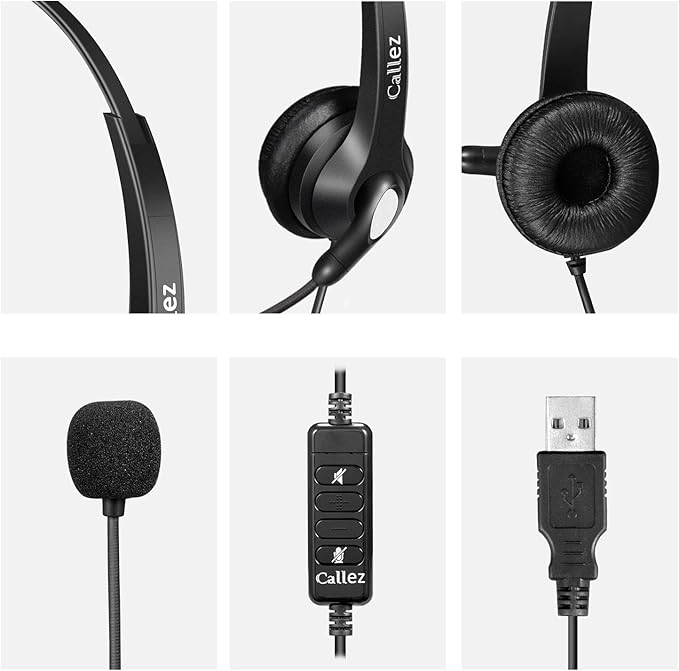 Callez USB Headset with Microphone Noise Cancelling & Audio Controls, Stereo Computer Headphones for Business Skype UC Lync Softphone Call Center Office, Clearer Voice, Super Light, Ultra Comfort