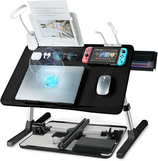 iXTRA Laptop Lap Desk with Cooling Fan - Adjustable with Light, USB, Storage Drawer - Folding Bed Desk,23.62"*15.74",Black
