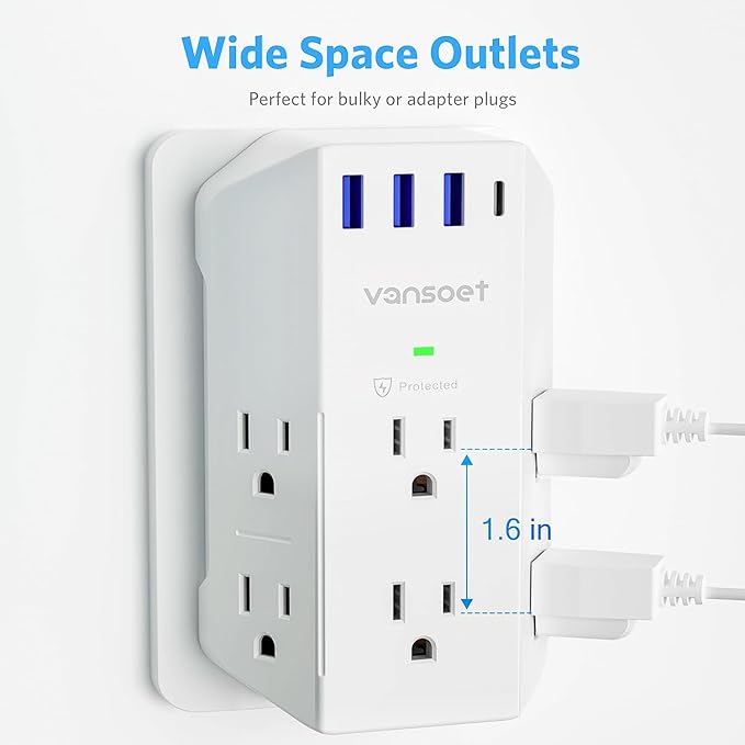 Wall Outlet Extender, Vansoet 6 Outlet Splitter with 4 USB Ports(1 USB C PD 20W), 2100J Surge Protector Power Strip, 3 Side Multi Plug Outlet for Travel, Home, Office, Dorm