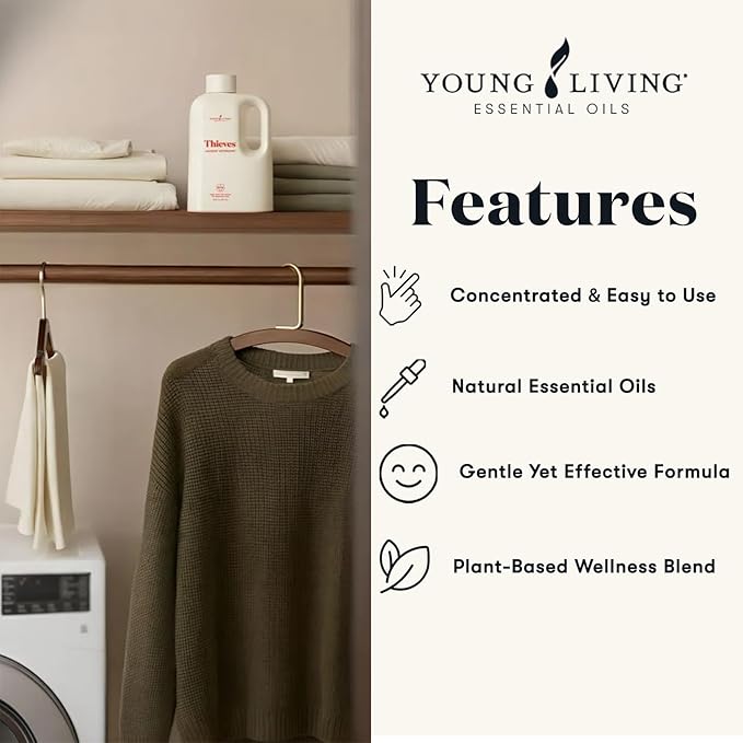 Young Living Thieves Laundry Detergent, Concentrated Plant-Based Formula with Enzymes, Fresh Citrus Scent, For HE and Standard Washers, 32 fl oz - 1 Pack