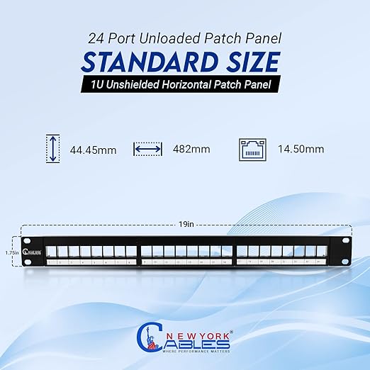 NewYork Cables 24 Port Blank Keystone Patch Panel 1U 19 Inch Rack Mount, Snap-in Modular Design, Cat6 Network Ethernet Panel, Heavy Duty Steel, for Server Racks, Supports Slim Keystone Jacks Only