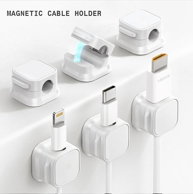 6 Pack Cable Holder, Nightstand Organizer, Under Desk Magnetic Clip Management, Wire Organizers for Cords (White)