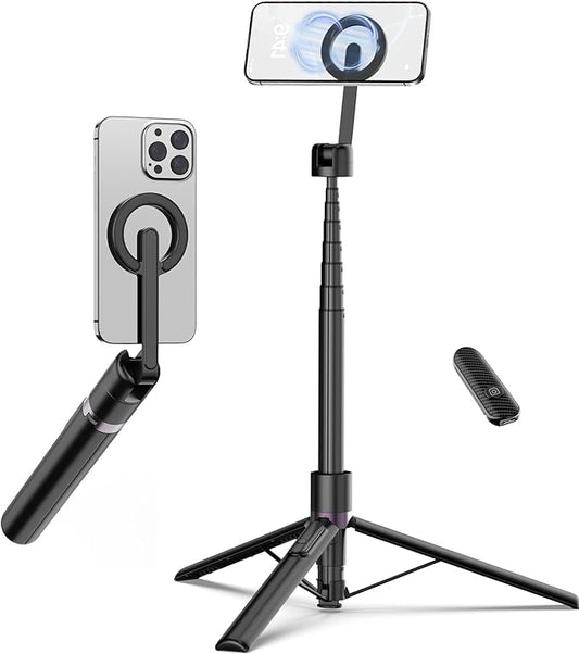 68" Magnetic Selfie Stick Tripod for iPhone,Portable Cell Phone Tripod Stand for Magsafe with Rechargeable Remote, 360° Rotation Aluminum Phone Holder for Video Recording/Live Stream/Travel Black