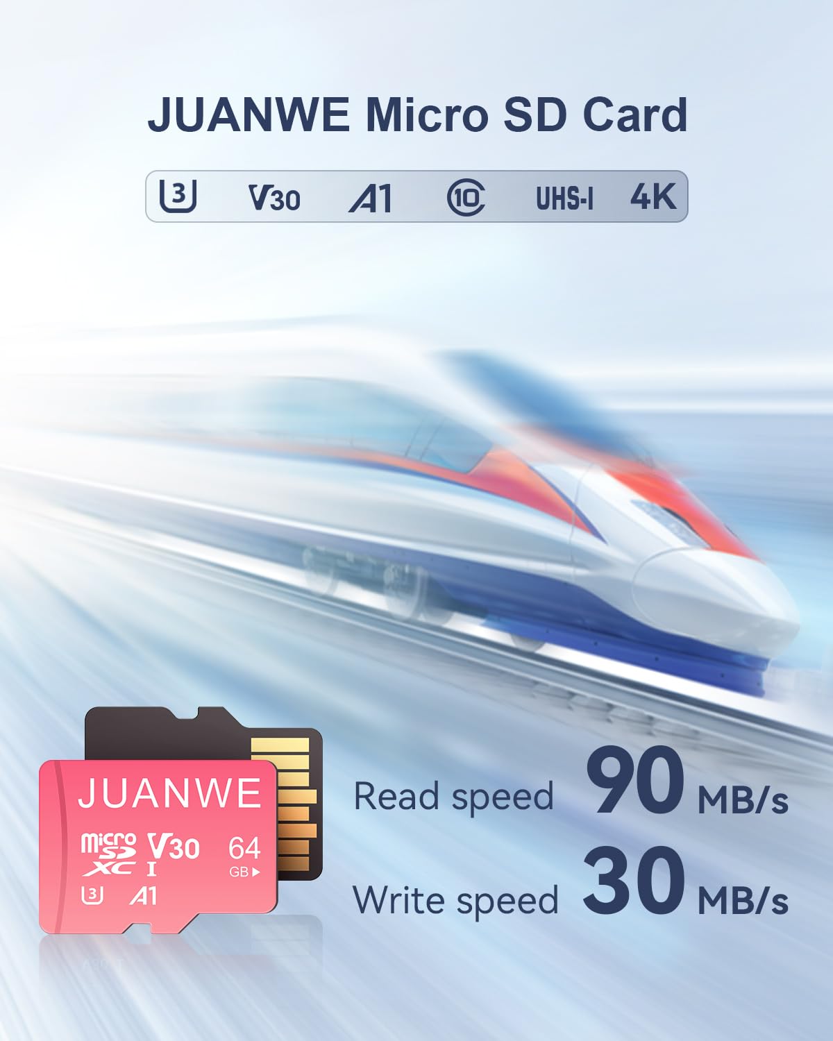 JUANWE 64GB Micro SD Card microSDXC Memory Card, 64GB Memory Card, UHS-I C10 U3 V30 4K UHD Video A1 TF Card with Adapter (Pink)