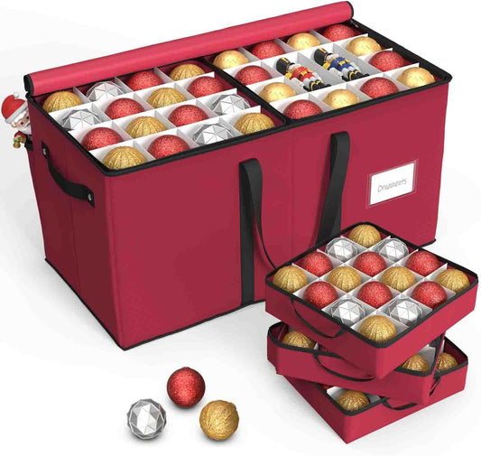 Sunvigor Christmas Ornament Storage Box - Holds 128 Ornaments with Adjustable Dividers & Dual Zippers | Rose Red