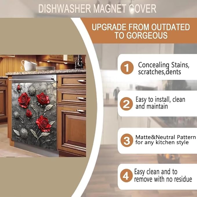 Kitchen Decor Dishwasher Magnet Cover Decal, Metal Red Roses on Gray Textured with Silver Leaves Magnetic Dish Washer Door Vinyl Sticker, Refrigerator Magnets,Easy to Clean, 23 x 26 inch
