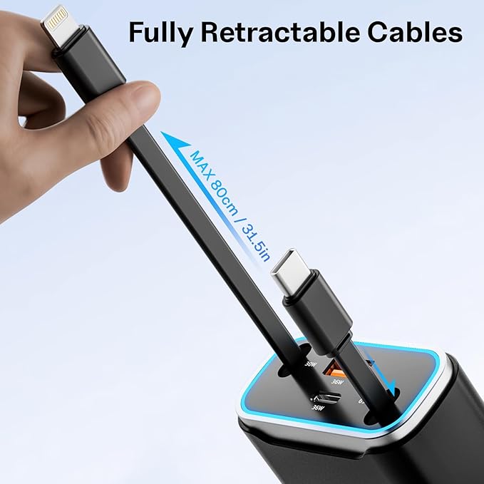 Retractable Fast Car Phone Charger Adapter 131W, Retractable Cables (31.5 inch) & 2 USB Ports for iPhone 16/15/14/13/12/11 Pro/Samsung