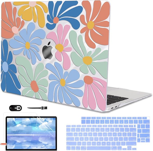 LCMOCICO for MacBook Air 13 inch Case 2021 2020 2019 2018 A2337 M1 A2179 A1932 Cover with Touch ID, Crystal Plastic Printed Pattern Hard Shell Case Keyboard Skin Screen Protector, Colorful Flowers