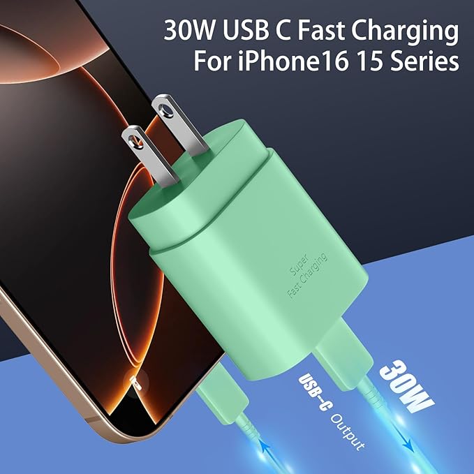 Phone 17 16 15 Charger Fast Charging,30W USB C Phone 17 16 15 Pro Max Charger Block &10FT Long Type C Cable Cord for i.Phone 17/Air/17 Pro/17 Pro Max/16/16 Plus/16 Pro/16 Pro Max/15/15 Pro Max,Green