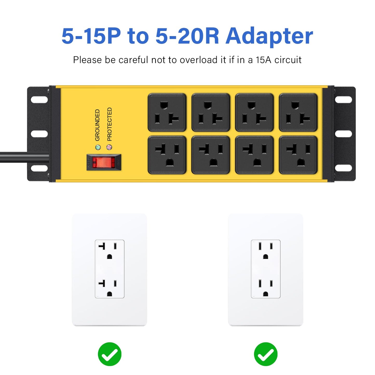 CCCEI Heavy Duty Power Strip Surge Protector 20 AMP Switch, 12 Gauge Extension Cord with Multiple Outlets, Industrial, Shop, Garage High Amp Wall Mount Electric Extender. 4FT, Yellow.
